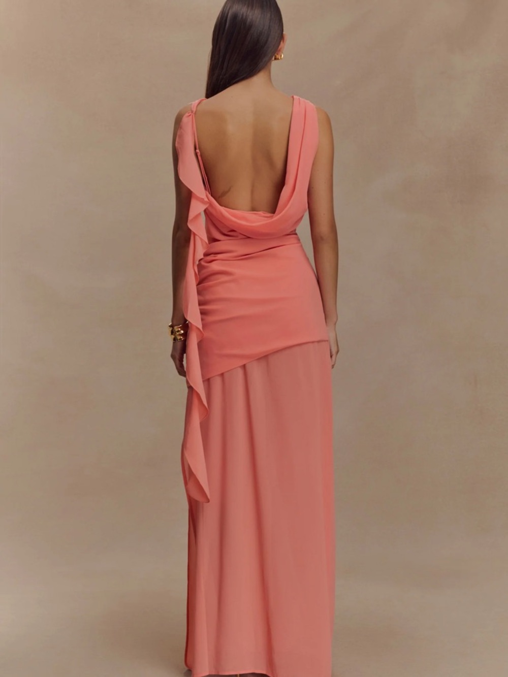 Meshki Draped Chiffon Maxi Dress - Pastel Nectarine - Picture 2 of 4